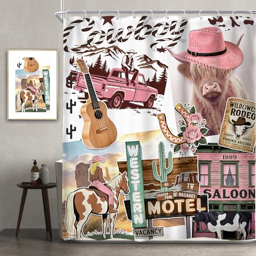 Newsely Western Cow Shower Curtain 60Wx72H Inch Cowgirl Farmhouse Boho Highland Cow Print Bathroom Set Cowboy Pink Rustic Animal Country Wildlife Nature Waterproof Decoration Accessories Home Decor - color: B-02cow, size: 60"W x 72"L (Pack of 1)
