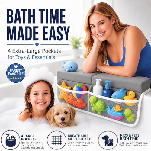 Comfortable Baby Bath Kneeler and Elbow Rest Pad Set, Non-Slip Bathtub Kneeling Pad for Bathing Baby, Bath Tub Cushion Mat, Elbow Pads, Toy Organizer Storage Pockets, Strong Suction Cups - color: Light Gray