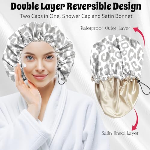 Luxury Shower Cap Satin Lined Reusable Waterproof Double Layer Elastic Adjustable Hair Bath Cap Cute Aesthetic Women Girls-White Leopard - color: F13-White Leopard