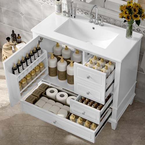 Linique 36" Modern Bathroom Vanity with Sink Combo Set, Solid Wood Frame Bathroom Storage Cabinet with 3 Drawers, Soft Closing Cabinet Door with Organizer, White - color: White, size: 36"/ Door with Organizer