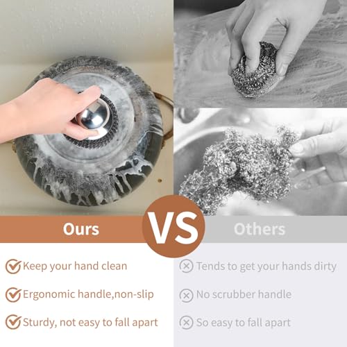 15Pcs Steel Wool Scrubber with Replacement Wire Sponge Pads Set, Stainless Steel Scrubber with Handle for Scouring Messes from Cast Iron, Frying pan, Pots, Pans, Grill, Stoves, Sink - size: 3 Handle+12 Pads