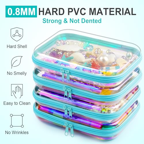 Hoolerry 4 Pcs Hard Clear Zipper Case Makeup Bags Plastic Zipper Pouch Transparent Storage Box Containers for Cosmetics, Snacks, Building Blocks, Puzzles(Clear,9.8 x 7.9 x 2 in,Blue Laser) - color: Blue Laser, size: 9.8 x 7.9 x 2 in