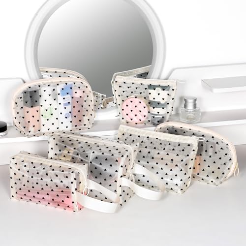6 Pieces Zipper Mesh Makeup Bags Set, Nylon Cosmetic Bags Portable Clear Toiletry Bas Travel Organizer Bags for Office Travelling Organization (Beige Heart Printed, Assorted Size) - color: Beige Heart Printed