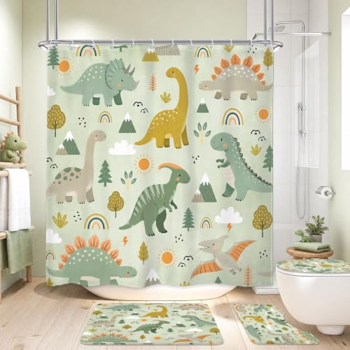 4PCS Kids Dinosaur 71Wx71H Inches Green Plant Leaves Botanical for Boys Shower Curtain Sets with Rugs, Toilet Lid Cover and Bath Mat, Cute Bath Accessories Art Home Decor Fabric 12 Pack Hooks - color: C2-green
