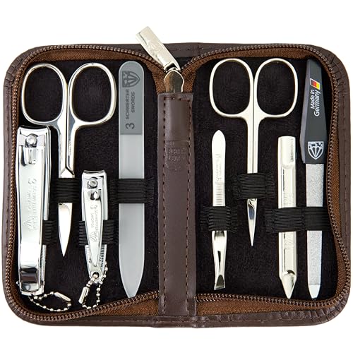 3 Swords Germany - brand quality 8 piece manicure pedicure grooming kit set for professional finger & toe nail care genuine leather case in gift box, Made in Germany - color: BROWN - GENUINE LEATHER