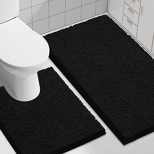 Smiry Bathroom Rugs Set 2 Piece, Soft Absorbent Chenille Bath Mat and U-Shaped Toilet Rug Set, Non Slip Shaggy Bath Carpet for Tub, Shower and Floor (30x20+24x20, Black) - color: Black, size: 30"x20"+ U Shape 24"x20"