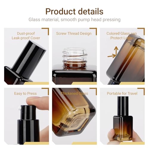 Segbeauty 1oz Glass Bottle with Pump, 30ml Empty Travel Size Pumping Lotion Dispenser Refillable, 2pcs Amber Pump Bottle Dispenser Face Cream Containers for Essential Oils Shampoo Liquid Soap Gel - size: 1oz/30ml