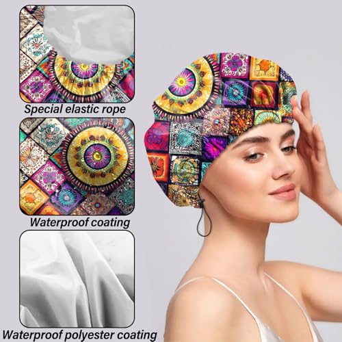 2 PCS Shower Cap Reusable Waterproof Double Layers Hair Caps Shower Bath Adjustable Elastic Hat for Women Girls Cute Aesthetic-Pink Cloud Mandela - color: AI17-Pink Cloud Mandela