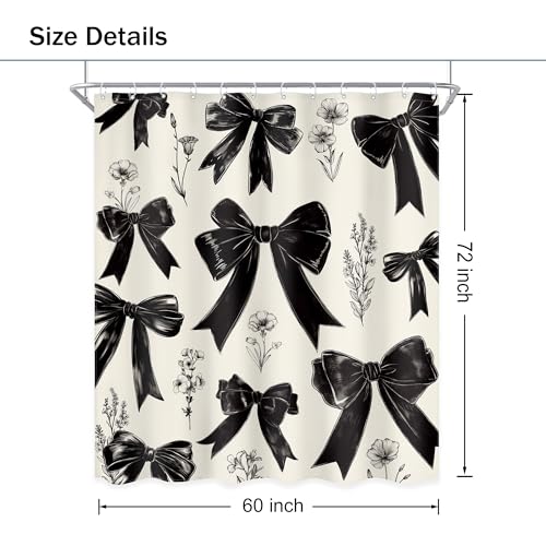 Black Bow Shower Curtain Girls Vintage Coquette Bowknot Floral Wildflower Retro Girly Fashion Elegant Plant 60Wx72L Inch Bathroom Set Aesthetic Bath Curtain Bathtub Accessories Home Decor - color: A 01black, size: 60"W x 72"L (Pack of 1)