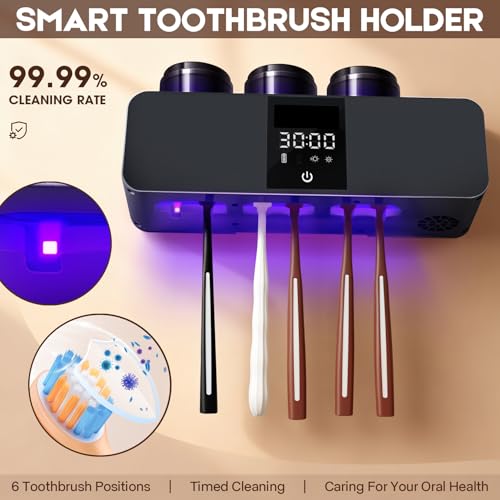 LXIANGN 3 in 1 Toothbrush Cleaner Holders for Bathrooms,Wall Mounted Toothbrush Holders with Drying and Cleaning,Smart LED Screen,6 Toothbrush Slots,3 Cups and Toothpaste Dispenser (Deep Grey) - color: Deep Grey