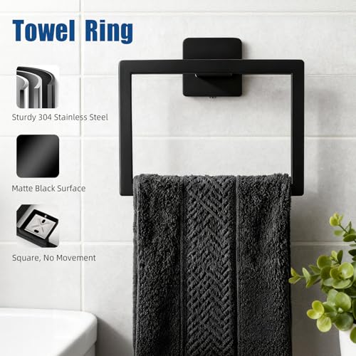 7-Piece Matte Black Bathroom Accessories Hardware Set, Stainless Steel 16" Towel Bar, Towel Ring, Toilet Paper Holder with Shelf, 4 Towel Hooks, Wall Mounted for Bathroom, Kitchen, Hotel - color: Black, size: 7 Pieces