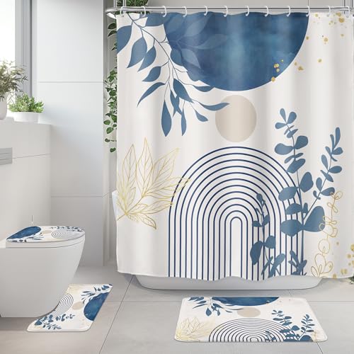 Riyidecor Boho Light Blue 4Pcs Bathroom Shower Curtain Sets Mid Century Minimalist Abstract Modern Bathroom Decor Set with Rugs and Accessories Leaf Toilet Lid Rug, Contour and Bath Mat with 12 Hooks - color: 01light Blue