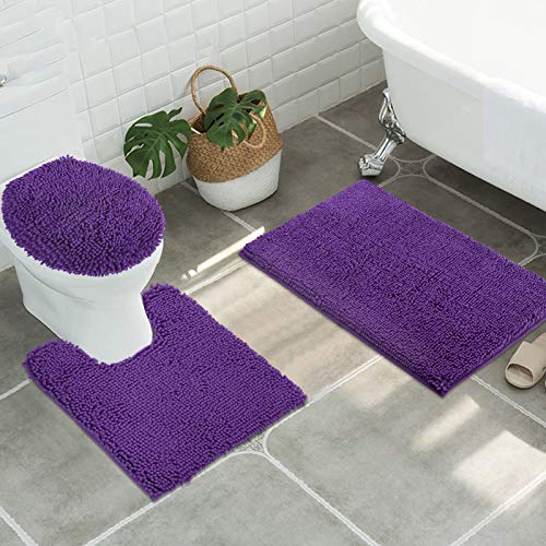 ITSOFT 3pc Non-Slip Shaggy Chenille Bathroom Mat Set, Includes 24"" x21 U-Shaped Contour Toilet Rug, 34"" x21 Bathmat and 1 Toilet Lid Cover, Lilac - color: Lilac, size: 24''x21’’, 34’’x21’’ and TLC (Set)