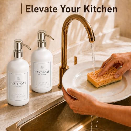 Fachixy White Glass Soap Dispenser (2 Pack), 16 Fl Oz Hand & Dish Soap Dispenser Bottles Set with Rust-Resistant Stainless Steel Pump, Non-Slip Pad, 14 Waterproof Labels for Kitchen and Bathroom - color: Off-white