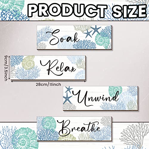 Pinkunn 4 Pcs 11 x 3.5 Inches Ocean Beach Bathroom Wall Decor Coastal Bathroom Decor Wood Relax Soak Unwind Breathe Wall Art Starfish Seashell Coral Nautical Art Rustic Farmhouse Wooden Signs