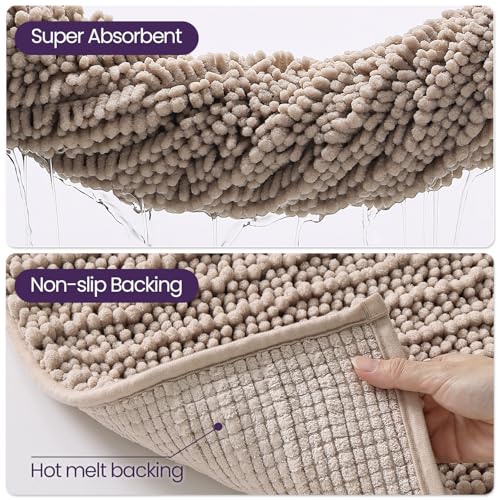 DEXI Bathroom Rugs 24x16, Super Soft Thick Chenille Absorbent Bath Mat, Non Slip Machine Washable Fluffy Shag Bathmat for Tub, Shower Floor, Dark Beige - color: Dark Beige, size: 24" X 16" (Rectangular)