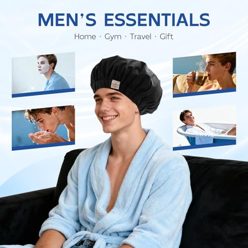 Years calm Shower Cap for Men Waterproof Reusable - Fashion Dual-Layer Design, Adjustable Elastic Band for Long & Curly Hair, XL Bath & Spa Cap for Travel, Satin Lined Shower Cap Black - color: Eternal Obsidian