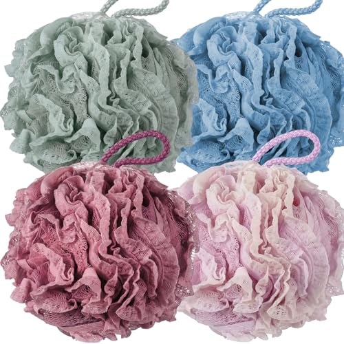 Sunnyray 4 Pack Loofah Bath Sponge Lace Mesh Set Large 60g Shower Poufs Body Scrubber Bath Loofah Ball Body Wash Sponge Exfoliating Scrubber Luffa Puff for Women Men Cleanse Skin Accessories (Classic) - color: Classic
