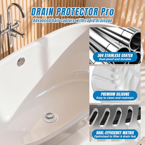 Hair Catcher Drain Stopper for Bathtub, Pop-Up with Silicone Filter, 3-Layer Brass Rust-Proof, One-Button Seal & Drain, Fits Standard U.S. Drains (1-1/2” & 1-3/8”), No Tools Needed - color: Sliver