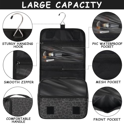 Travel Hanging Toiletry Bag for Women kids, Black Leopard Print Cosmetic Bag Waterproof Makeup Organizer for weekend overnight Bathroom - color: D 05