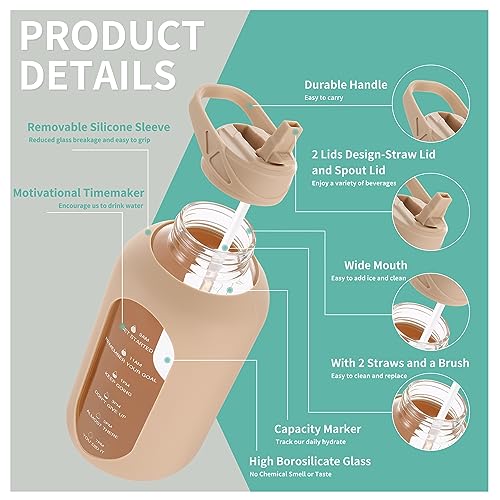 CIVAGO 64 oz Glass Water Bottle Jug with Straw and Handle, Half Gallon Sports Motivational Bottle with Time Marker and 2 Lids, Large Flask Canteen with Silicone Sleeve for Gym, Beige - color: Beige, size: 64 Ounces