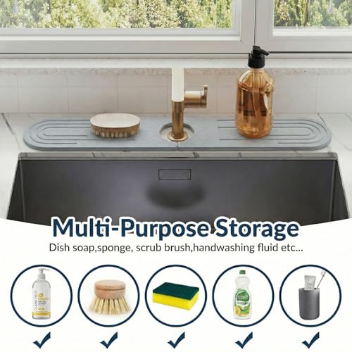 Stone Faucet Mat for Kitchen Sink, Diatomite Fast Drying Stone Tray, Quick Dry Water Absorb Faucet Mat, Sink Splash Guard for Kitchen Bathroom Counter(Light Gray, 23.6"X3.9")