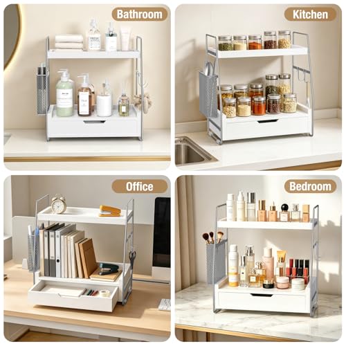 2-Tier Bathroom Counter Organizer with Drawer and Removable Basket, Wood Vanity Countertop Storage for Perfume, Makeup, Skincare, Bathroom Counter Shelf, 13" x 7.9" x 14.5", Silver - color: Silver