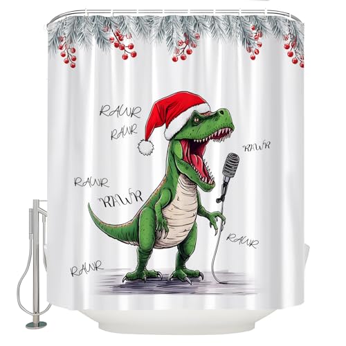 Christmas Shower Curtain Funny Dinosaur Singing Santa Hat Snowy Pine Tree Leaves Berry Cute Cartoon Dino Creative Winter Holiday Happy New Year Bath Curtain with Hooks - size: 67"W x 70"L (Pack of 1)