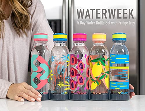 REDUCE WaterWeek 14 oz Tritan Reusable Water Bottles - Includes 5 Leak Proof Bottles and Fridge Tray - BPA Free and Dishwasher Safe - color: Berry, size: 14 Ounces