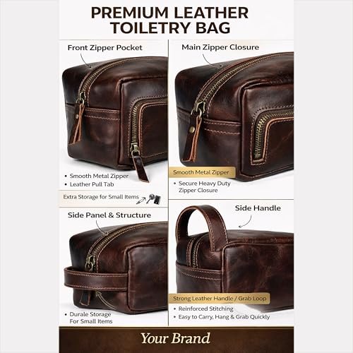 Men's Toiletry Bag Leather Travel Toiletry Bag Dopp Kit for Men Shaving Bag for Travel Accessories 101 YEAR QUALITY REPLACEMENT WARRENTY - color: Dark Chocolate Brown