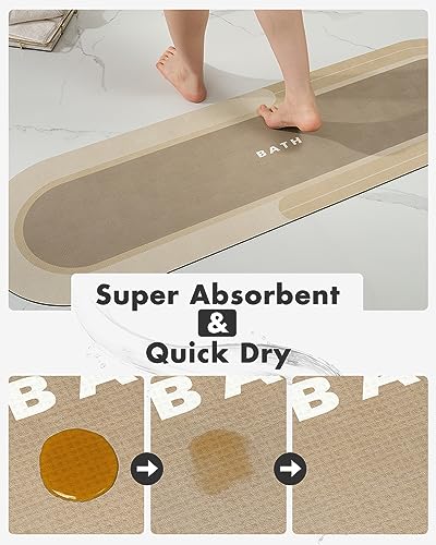 MontVoo Bath Mat Runner - Long Non Slip Absorbent Quick Dry Thin Bath Rug for Bathroom Floor Mat - Rubber Backed - Stain Resistant - Easy Care - Beige 17"x50" - color: Beige, size: 17"x50"