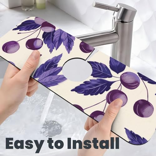 Kitchen Sink Splash Guard Faucet Mat, Purple Cherries Leaves Diatom Mud Absorbent Draining Mat For Kitchen Sink Bathroom - color: Purple Cherries Leaves, size: One Size