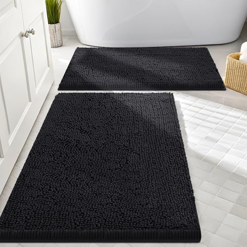 Smiry Bathroom Rugs Sets 2 Piece, Soft Absorbent Chenille Machine Washable Non Slip Shaggy Bath Rug Set for Tub, Shower, and Floor (30x20+24x16, Black) - color: Black, size: 30"x20"+24"x16"