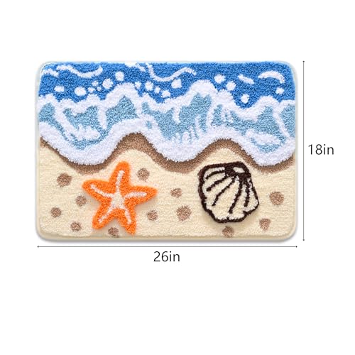 QJHOMO Coastal Bathroom Rugs Beach Ocean Wave Bath Mat Nautical Rug, Cute 3d Starfish Shell Beachy Theme Bathroom Decor Colorful Bath Rug, Soft Microfiber Carpet Non Slip Washable Bathmat (18x26 inch) - color: Blue Landscape, size: 1'6" x 2'2" (Rectangula