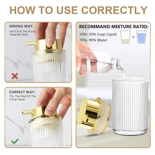 KASUNTING Foaming Soap Dispenser, 11 Fl Oz Clear Glass Foam Hand Soap Dispenser for Bathroom & Kitchen, Refillable Foaming Bottle with Gold Pump, Modern Ribbed Dish Soap Foam Dispenser - color: Clear Bottle+ Gold Pump, size: Foam-1 Pack