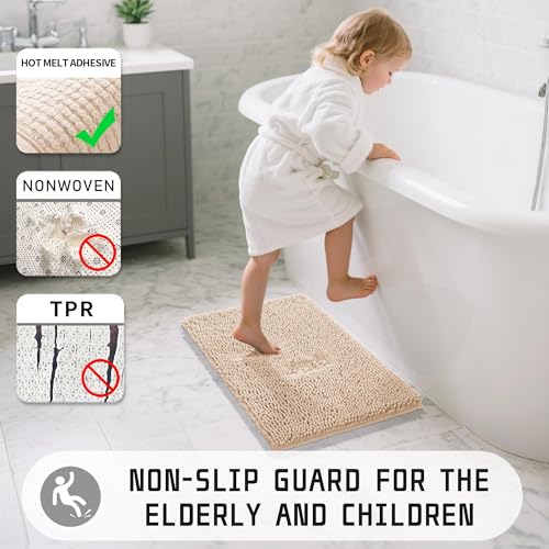 Yimobra Long Bathroom Rugs 47"x24", Extra Soft Non Slip Bath Mat for Tub, Super Absorbent Quick Dry Shaggy Rug Floor Carpet, Machine Washable,Beige - color: Beige, size: 47" X 24"