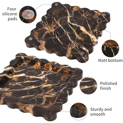 Square Marble Decorative Tray with Scalloped Edge,Luxury Natural Stone Bathroom Vanity Tray, Dresser Top Perfume Coffee Home Kitchen Toilet Sink Tray, Key Trinket Ring (Black Gold, 8 * 8) - color: Black Gold, size: 8" x 8" x 0.8"