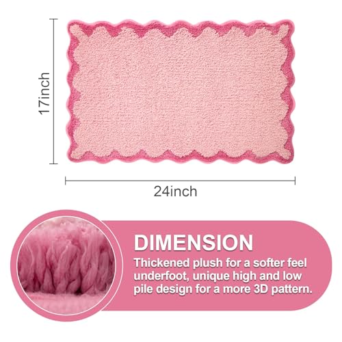 ORTIGIA Small Pink Scalloped Bath Mat, Cute Plush Microfiber Scallop Bathroom Rugs Non Slip Washable Quick Dry Absorbent, Bathmat Carpet for Shower Stall Vanities Kitchen Floor Entrance, 17x24 - color: Candy Pink, size: 1'5" X 2'(rectangular)
