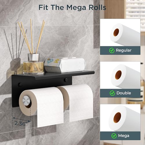 FORIOUS Double Toilet Paper Holder with Shelf, Wall Mount Tissue Roll Holder for Bathroom, 304 Stainless Steel Commercial Toilet Tissue Dispensers with Phone Shelf (1, Matte Black & Stainless Steel) - color: Matte Black & Stainless Steel