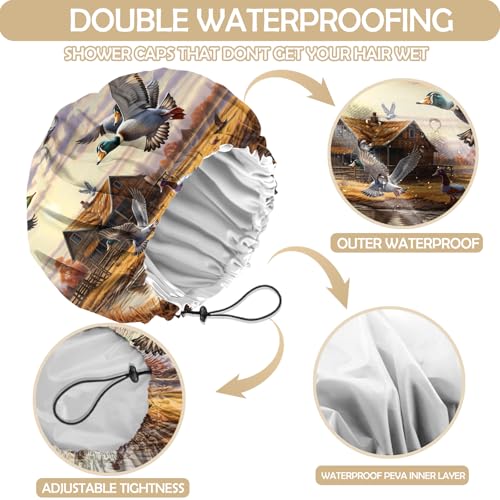 2 PCS Shower Cap Adjustable Reusable Double Waterproof Layer Elastic Hair Bath Cap Cute Aesthetic for Women Girls-Duck Bee - color: I7-Duck Bee