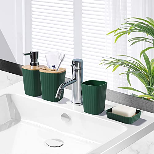 XLHOMO Dark Green Bathroom Accessories Set, 9-Piece Green Bathroom Set with Trash Can, Tray, Soap Dispenser, Toothbrush Holder, Toothbrush Cup, Soap Dish, Toilet Brush and Q-tip Holders - color: Hollow Dark Green, size: Hollow Cover Bathroom Set