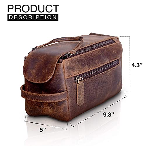 KomalC Premium Buffalo Leather Toiletry Bag for Men & Women With Water resistant Lining, Grooming Travel Pouch, Unisex Wash Bag for Toiletries, Gifts for Men and Women - color: Distressed Tan