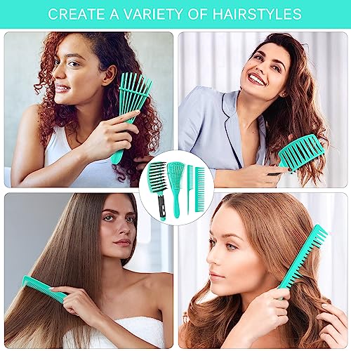 4pcs Curly Hair Brush Set for Adult & Kids Wet or Dry, Detangling & Wide Tooth Comb with Hair Detangler (4, Green) - color: Green, size: 4pcs