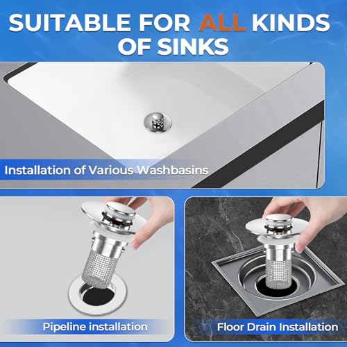 Bathroom Sink Drain Strainer, Pop-up Sink Drain Strainer with Removable Stainless Steel Strainer Basket Hair Catcher, Bathroom Sink Strainer for Bathroom Sink Stopper Replacement (3PCS) - color: Sliver-3