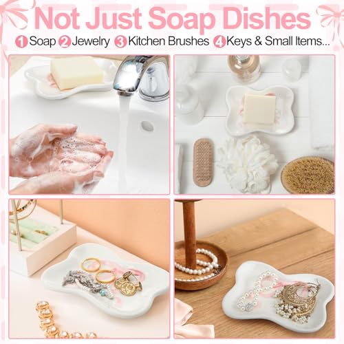 Pink Bow Girls Soap Dish Bathroom Decor Coquette Ceramic Cleaner Dish Bow Soap Holder Aesthetic Preppy Room Decor Saver Tray for Kitchen Sink Bathroom Baby Shower Wedding Gift, Easy Cleaning