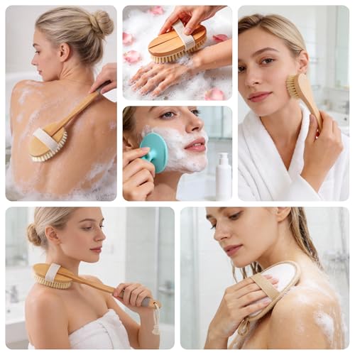 7-in-1 Body Brush Set for Shower & Dry Brushing – Long Handle Back Scrubber, 3 Replaceable Bristle Heads, Silicone Face Cleanser & Loofah – Exfoliating, Smooth Skin & Home Spa Kit - color: Set 1