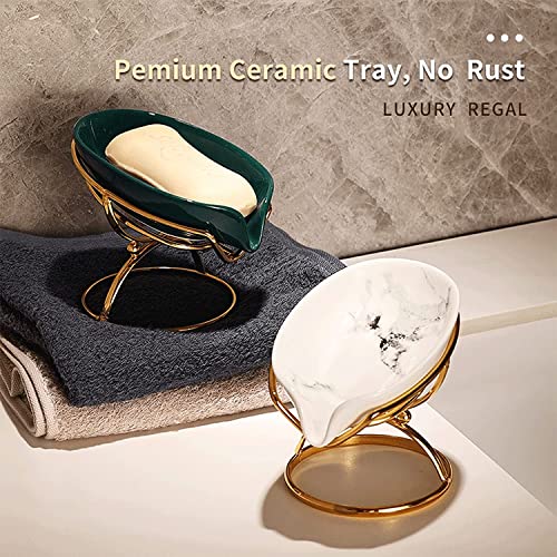 Dobbyby Leaf-Shaped Soap Dish – Ceramic Soap Bar Holder with Self-Drainage System – Bar Soap Holder for Shower, Bathroom Sink, Kitchen – Soap Dish with Stainless Steel Stand (White-Gold-2 Pack) - color: White-gold-2 Pack