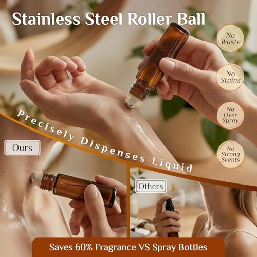 PrettyCare 60 Pack, 10 ml Essential Oil Roller Bottles with Stainless Steel Roller Ball - Bulk Refillable Leak-proof Empty Thick Amber Glass Roll on Bottles with Metal Caps for Travel, Perfume - color: Amber with Golden Cap, size: 60 Pack