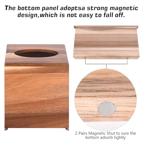 Tissue Box Cover Square, Acacia Wood Tissue Box Holder with Slide-Out Bottom, Wooden Tissue Box Cover Cube for Bathroom, Bedroom, Dinner Table, Office,Kitchen