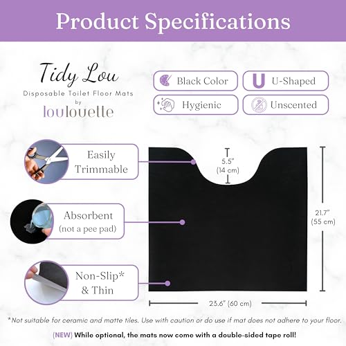 Tidy Lou Disposable Toilet Mats for a Hygienic & Stress-Free Home Bathroom Experience - Great for Children & Adults - Conceals Stains (Black), Absorbent, Non-Slip, U-Shape, Catches Dust/Hair - 25 Pack